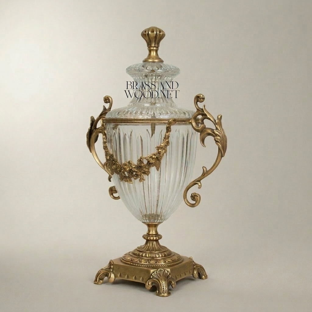 Neoclassical Crystal Urn Vase with Brass Floral Swag Handles & Ornate Pedestal Base — Antique Gold