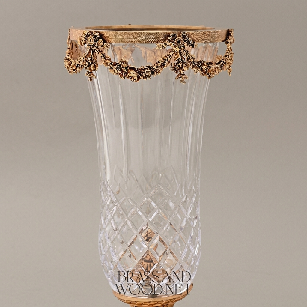 Neoclassical Crystal Vase with Brass Swag Collar and Ornate Footed Base — Gold