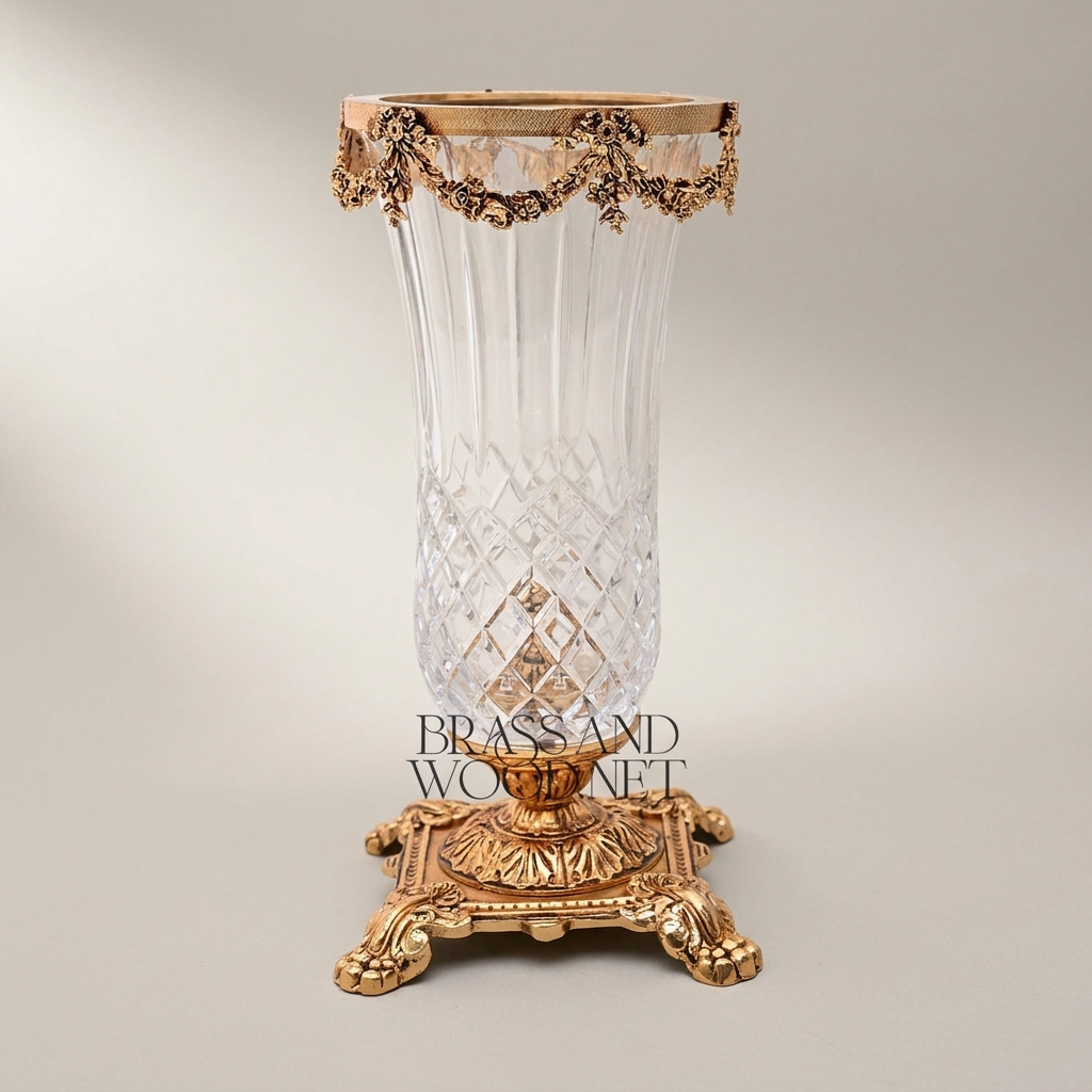 Neoclassical Crystal Vase with Brass Swag Collar and Ornate Footed Base