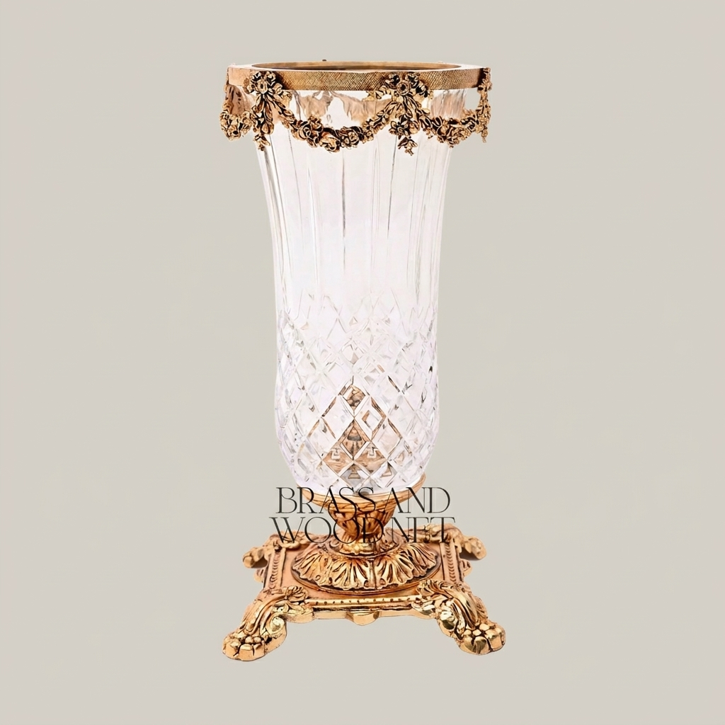 Neoclassical Crystal Vase with Brass Swag Collar and Ornate Footed Base