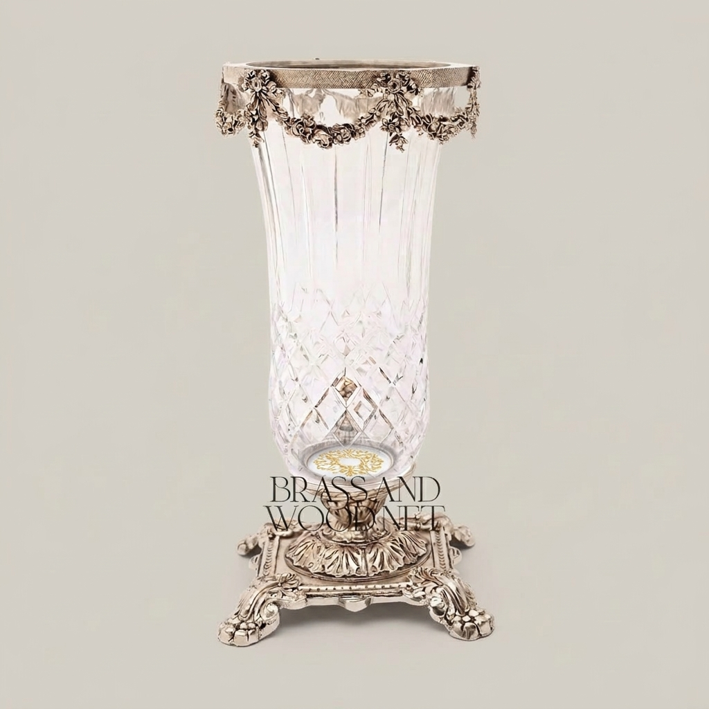Neoclassical Crystal Vase with Brass Swag Collar and Ornate Footed Base — Silver