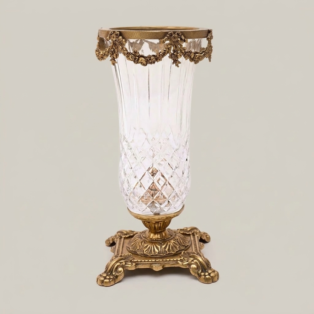 Neoclassical Crystal Vase with Brass Swag Collar and Ornate Footed Base — Antique Gold