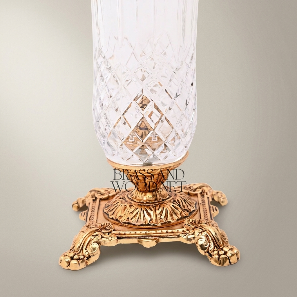 Neoclassical Crystal Vase with Brass Swag Collar and Ornate Footed Base