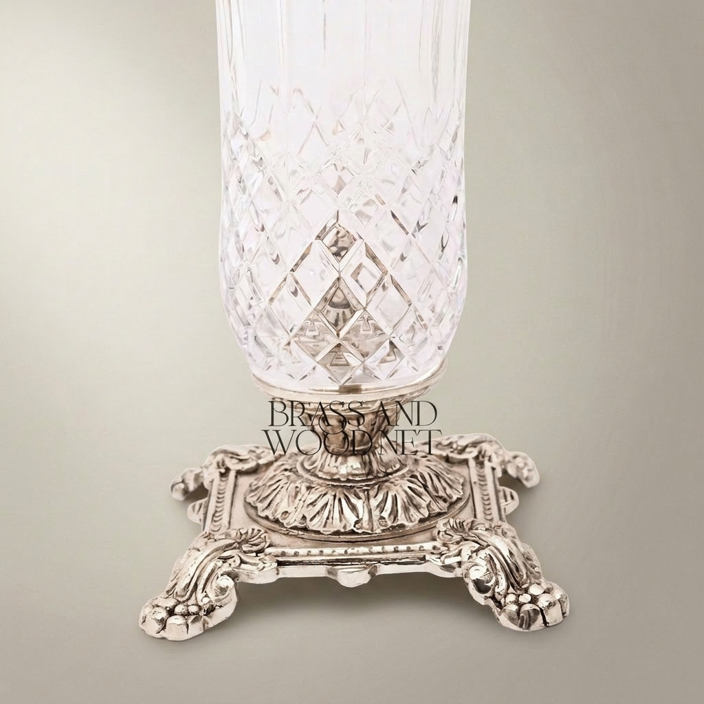 Neoclassical Crystal Vase with Brass Swag Collar and Ornate Footed Base — Silver