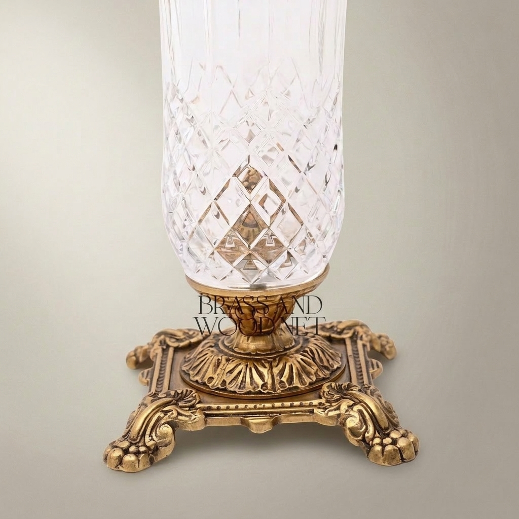 Neoclassical Crystal Vase with Brass Swag Collar and Ornate Footed Base — Antique Gold
