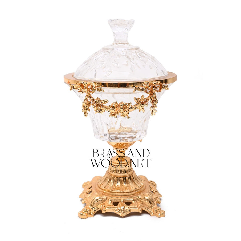 Neoclassical Cut Crystal Bonbonniere with Floral Brass Swag Mount — Gold