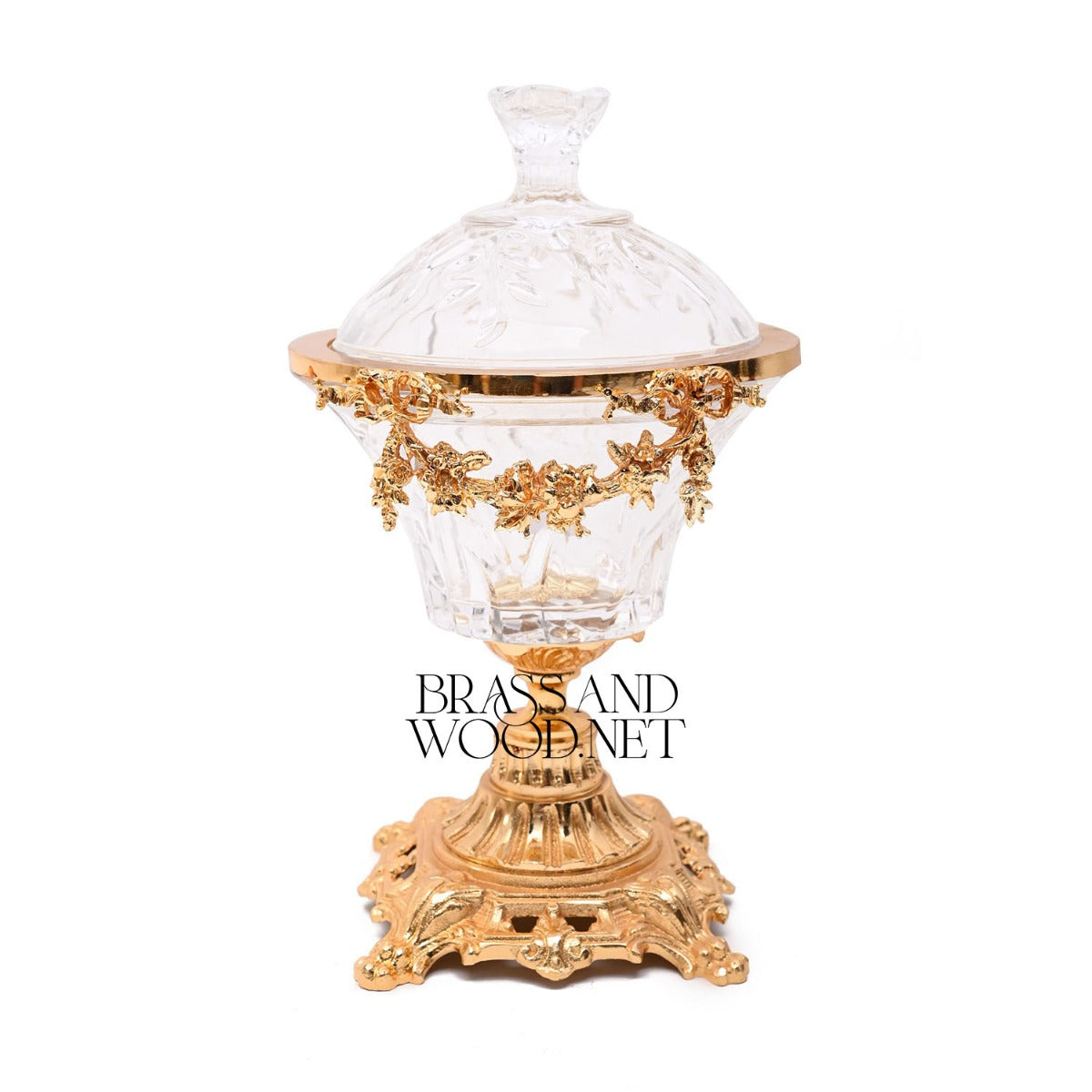 Neoclassical Cut Crystal Bonbonniere with Floral Brass Swag Mount — Gold