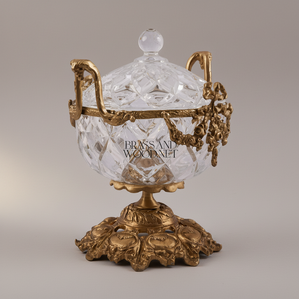 Neoclassical Cut Crystal Bonbonniere with Floral Brass Mounts & Foliate Base — Antique Gold