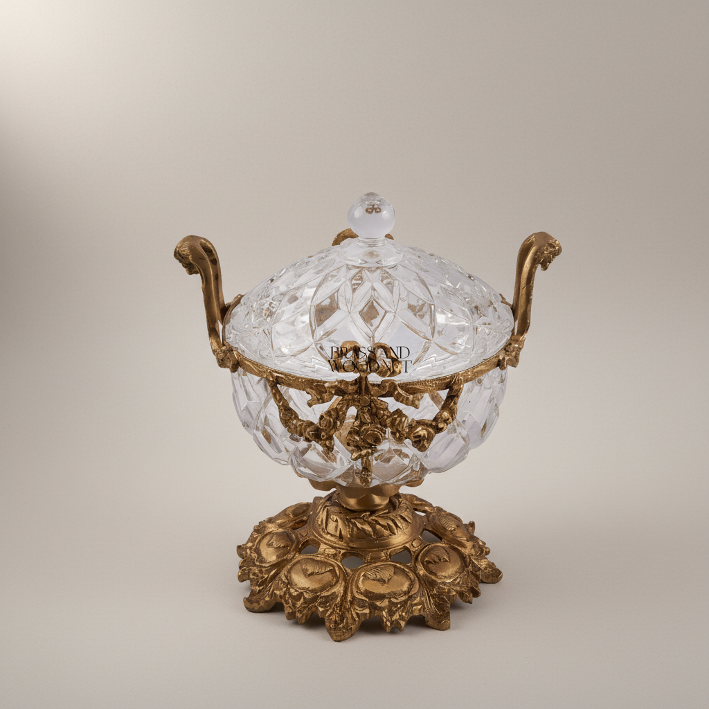 Neoclassical Cut Crystal Bonbonniere with Floral Brass Mounts & Foliate Base — Antique Gold
