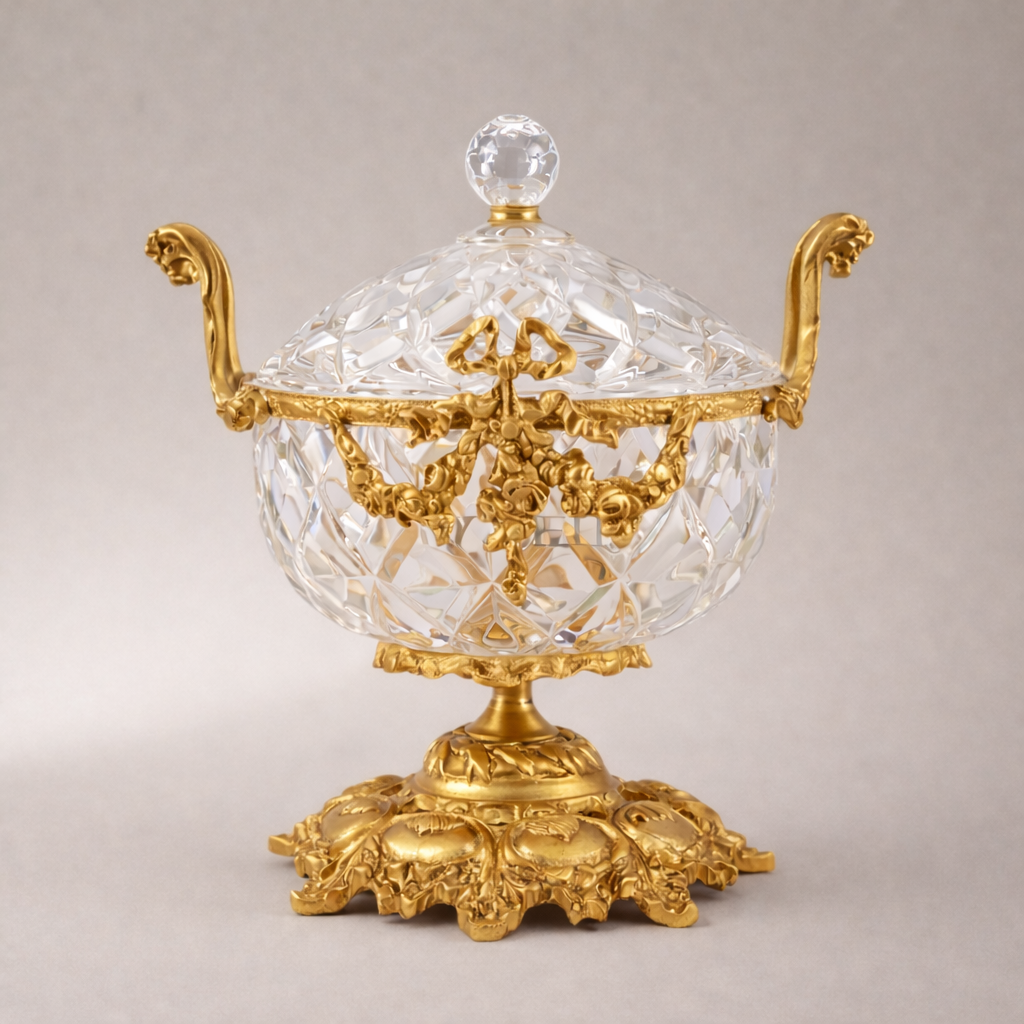 Neoclassical Cut Crystal Bonbonniere with Floral Brass Mounts & Foliate Base — Gold
