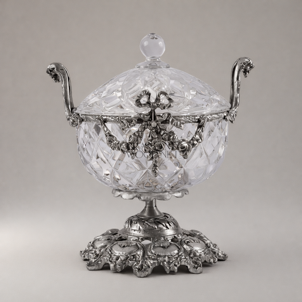Neoclassical Cut Crystal Bonbonniere with Floral Brass Mounts & Foliate Base — Silver