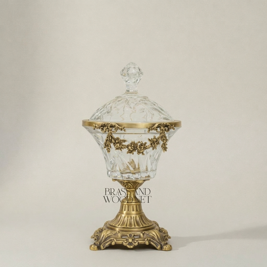 Neoclassical Cut Crystal Bonbonniere with Floral Brass Swag Mount — Antique Gold