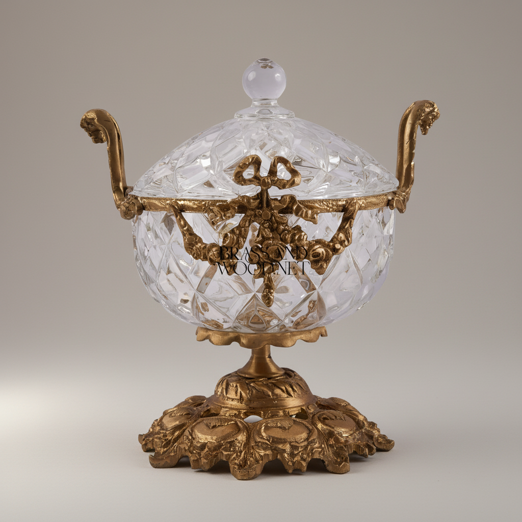 Neoclassical Cut Crystal Bonbonniere with Floral Brass Mounts & Foliate Base — Antique Gold