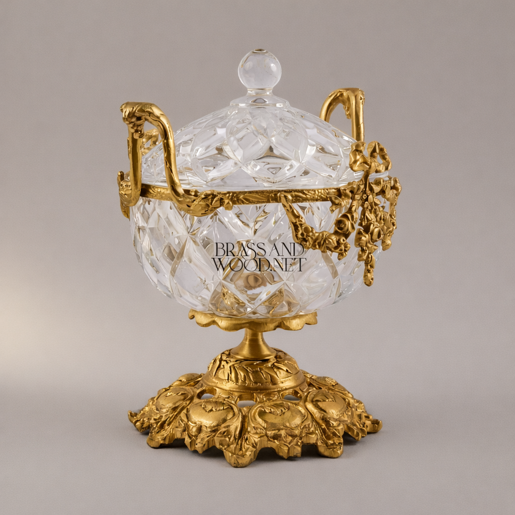 Neoclassical Cut Crystal Bonbonniere with Floral Brass Mounts & Foliate Base — Gold