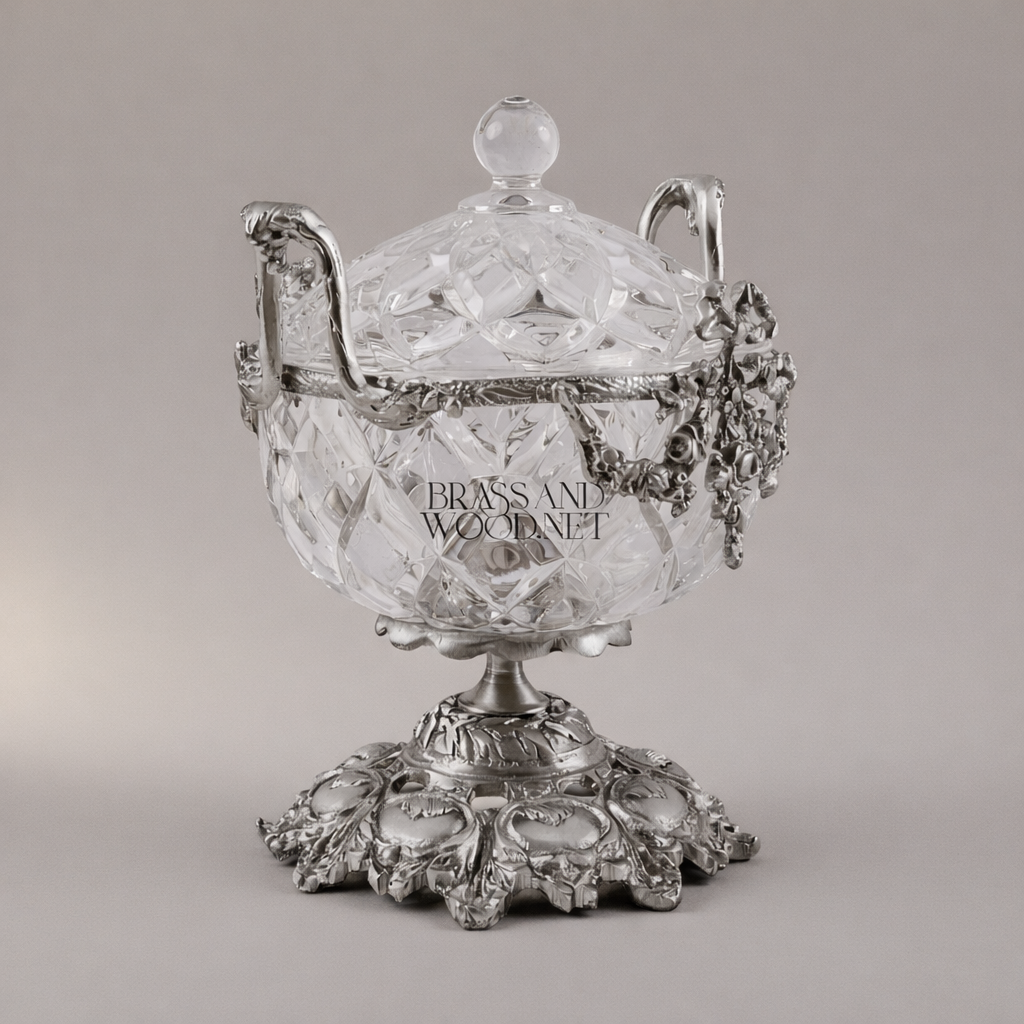 Neoclassical Cut Crystal Bonbonniere with Floral Brass Mounts & Foliate Base — Silver
