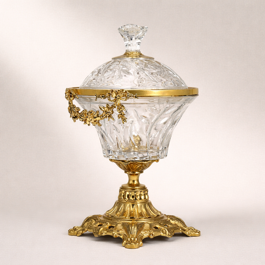 Neoclassical Cut Crystal Bonbonniere with Floral Brass Swag Mount — Antique Gold