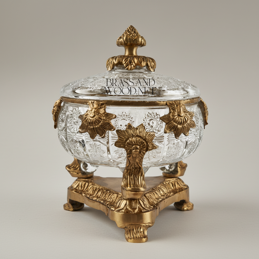 Neoclassical Cut Crystal Bonbonnière with Ornate Brass Mounts & Footed Stand — Gold
