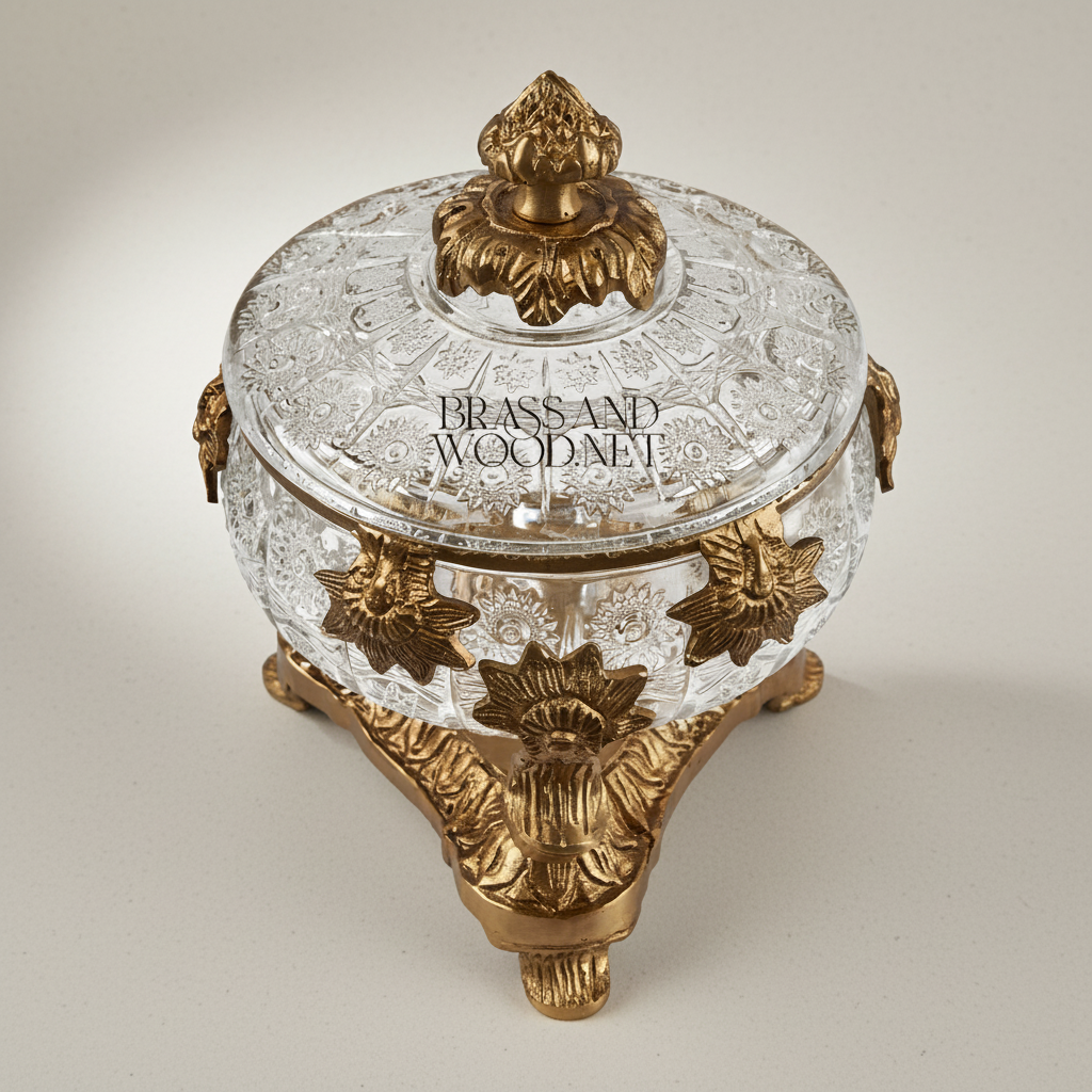 Neoclassical Cut Crystal Bonbonnière with Ornate Brass Mounts & Footed Stand — Gold