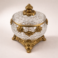 Neoclassical Cut Crystal Bonbonnière with Ornate Brass Mounts & Footed Stand — Antique Gold