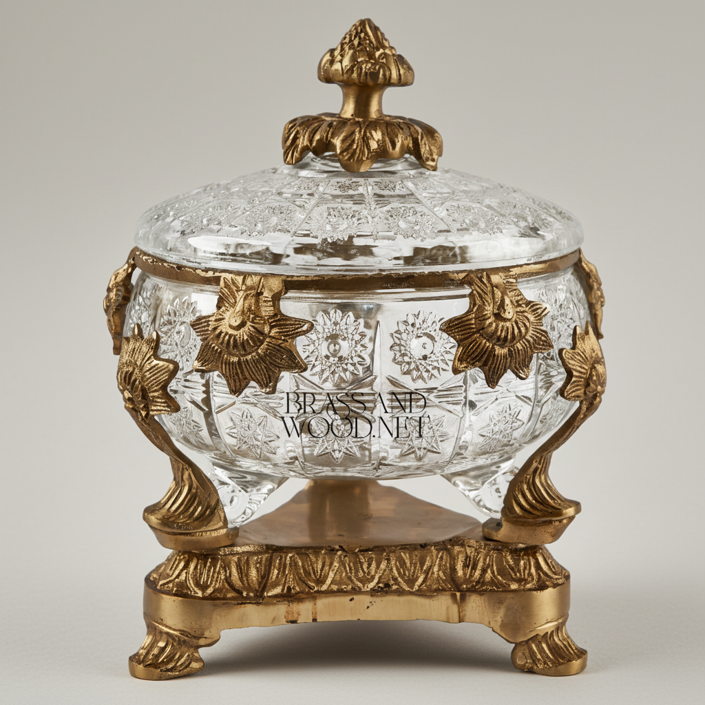 Neoclassical Cut Crystal Bonbonnière with Ornate Brass Mounts & Footed Stand — Gold