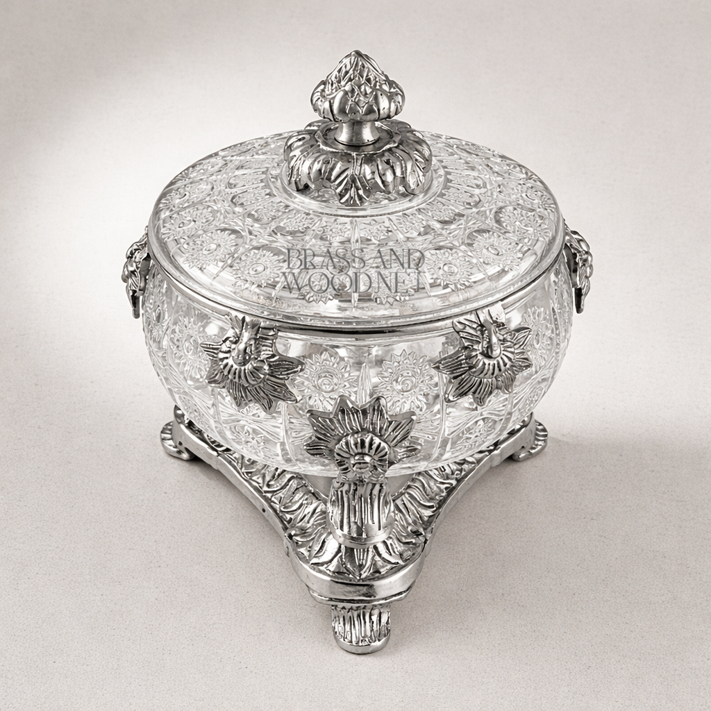 Neoclassical Cut Crystal Bonbonnière with Ornate Brass Mounts & Footed Stand — Silver