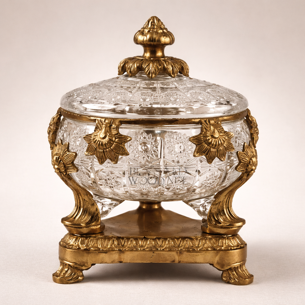 Neoclassical Cut Crystal Bonbonnière with Ornate Brass Mounts & Footed Stand
