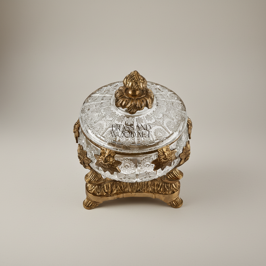 Neoclassical Cut Crystal Bonbonnière with Ornate Brass Mounts & Footed Stand — Gold