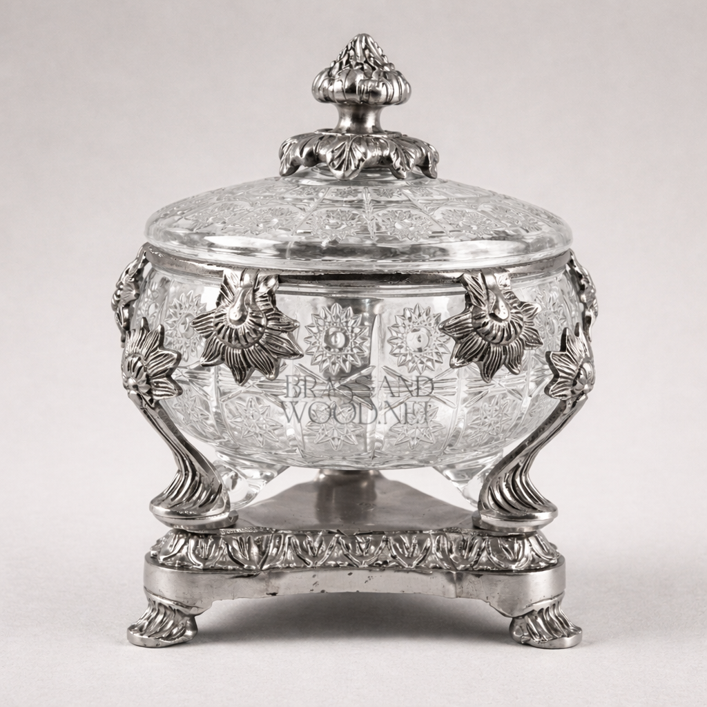Neoclassical Cut Crystal Bonbonnière with Ornate Brass Mounts & Footed Stand — Silver