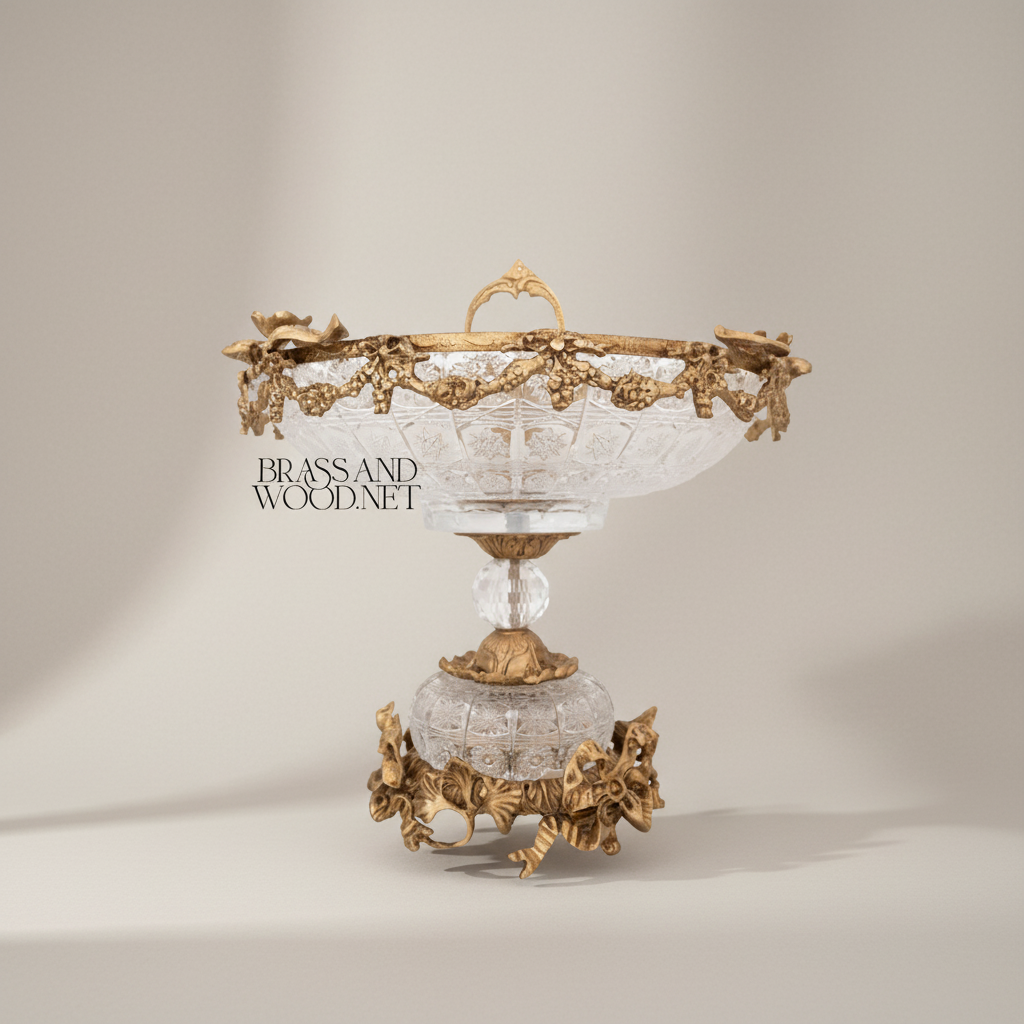 Neoclassical Cut Crystal & Brass Garland Vase and Centerpiece 3-Piece Garniture Set — Antique Gold