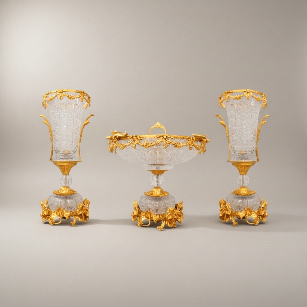 Neoclassical Cut Crystal & Brass Garland Vase and Centerpiece 3-Piece Garniture Set — Gold