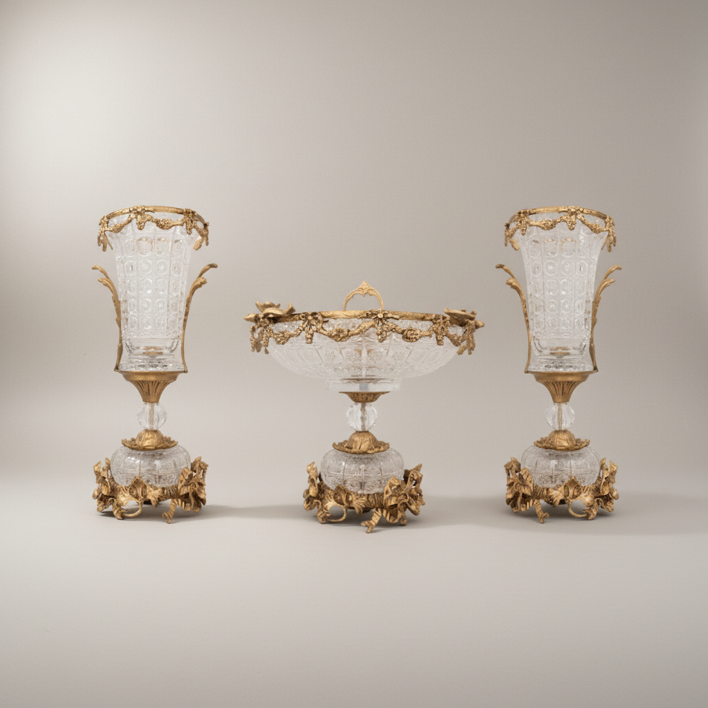 Neoclassical Cut Crystal & Brass Garland Vase and Centerpiece 3-Piece Garniture Set — Antique Gold