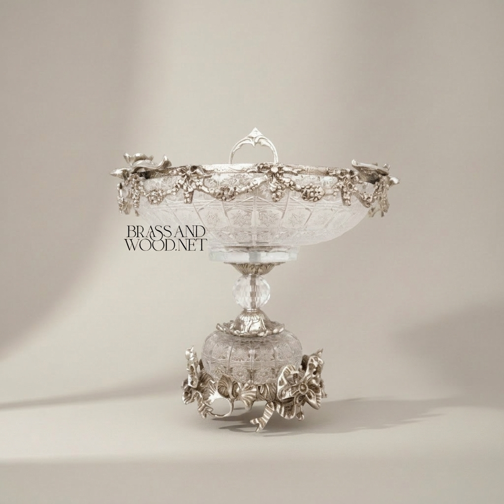 Neoclassical Cut Crystal & Brass Garland Vase and Centerpiece 3-Piece Garniture Set — Silver