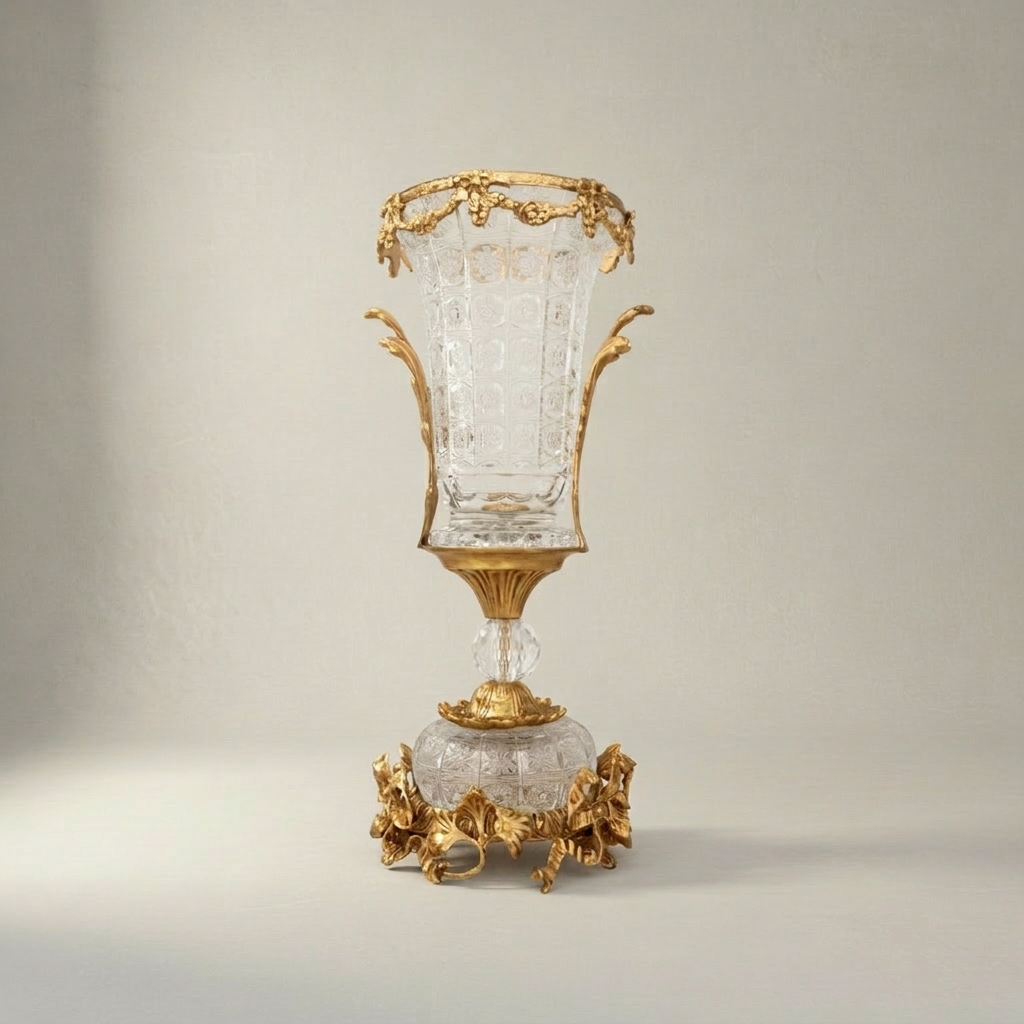Neoclassical Cut Crystal & Brass Garland Vase and Centerpiece 3-Piece Garniture Set