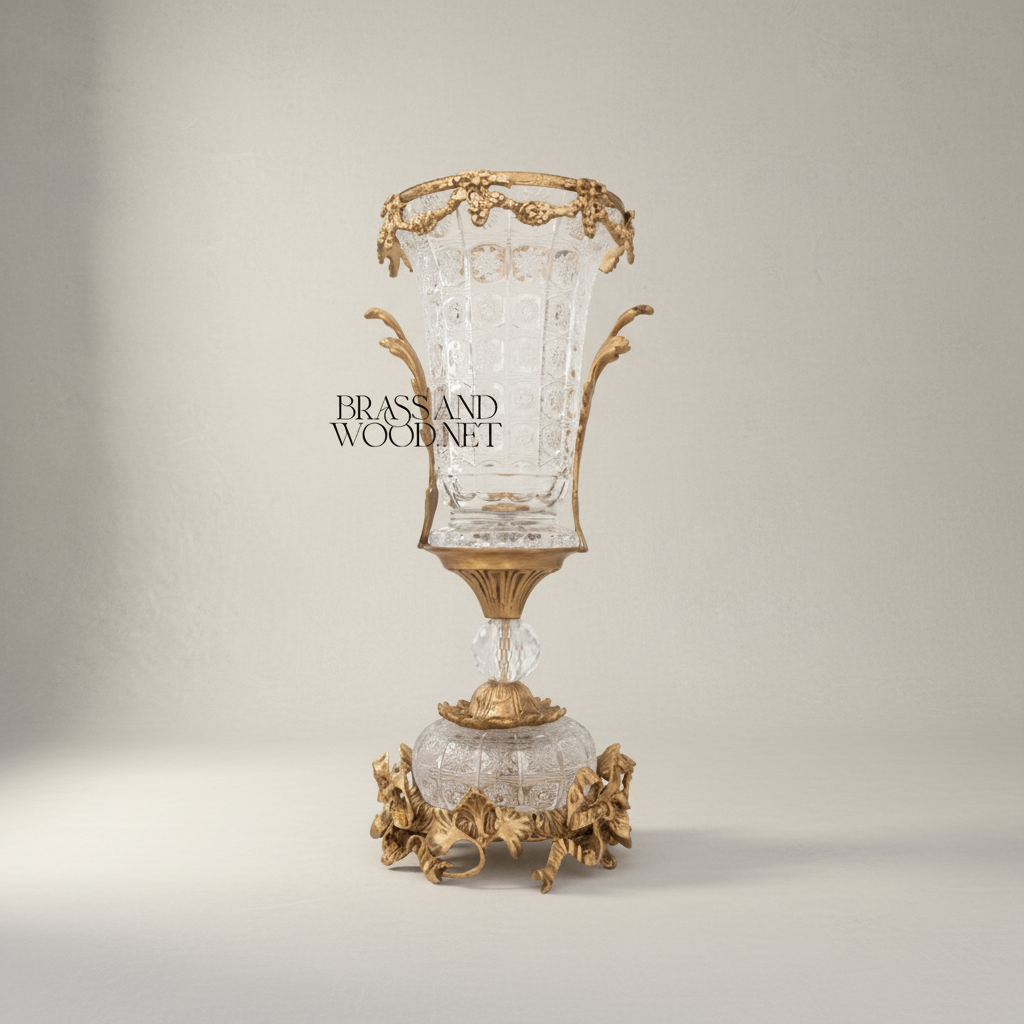 Neoclassical Cut Crystal & Brass Garland Vase and Centerpiece 3-Piece Garniture Set — Antique Gold