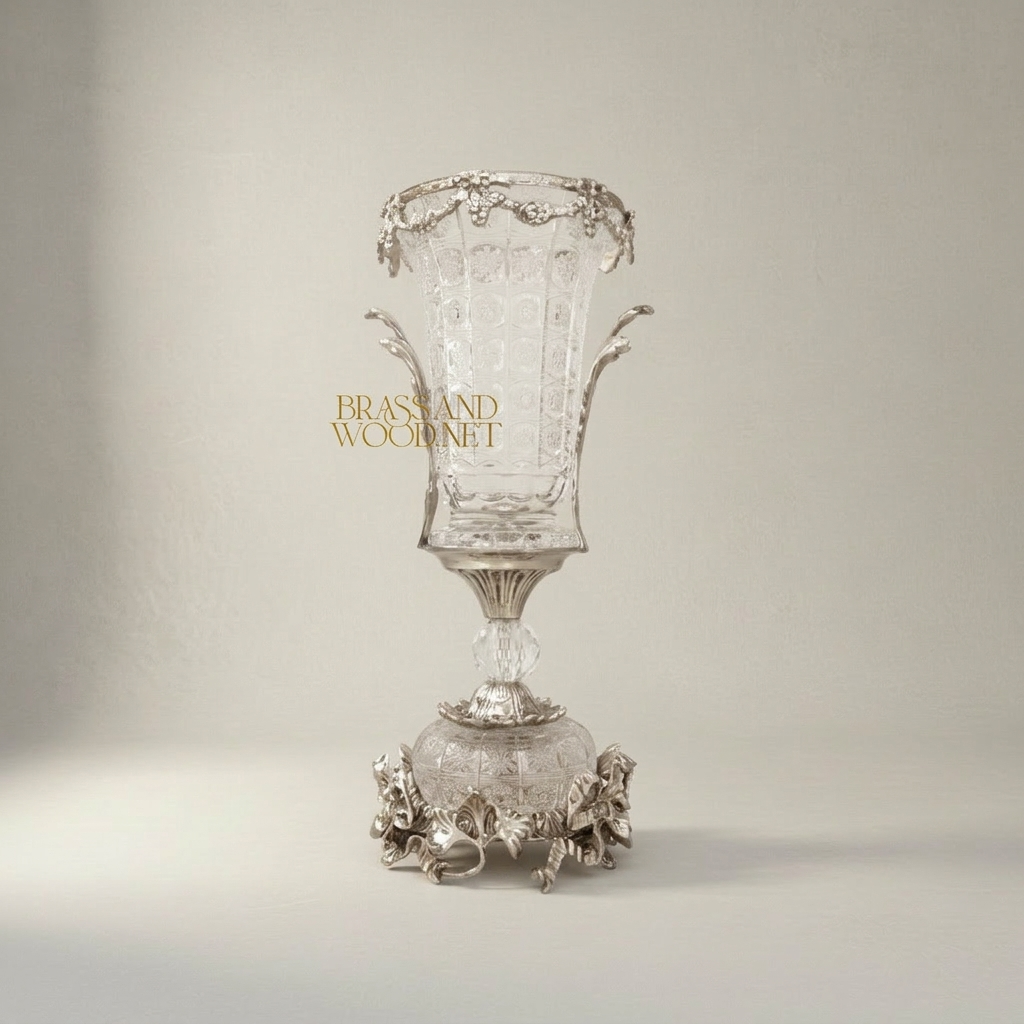 Neoclassical Cut Crystal & Brass Garland Vase and Centerpiece 3-Piece Garniture Set — Silver