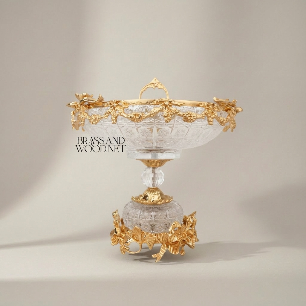 Neoclassical Cut Crystal & Brass Garland Vase and Centerpiece 3-Piece Garniture Set — Gold