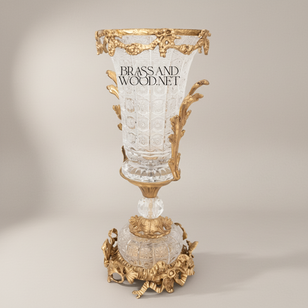 Neoclassical Cut Crystal & Brass Garland Vase and Centerpiece 3-Piece Garniture Set — Antique Gold