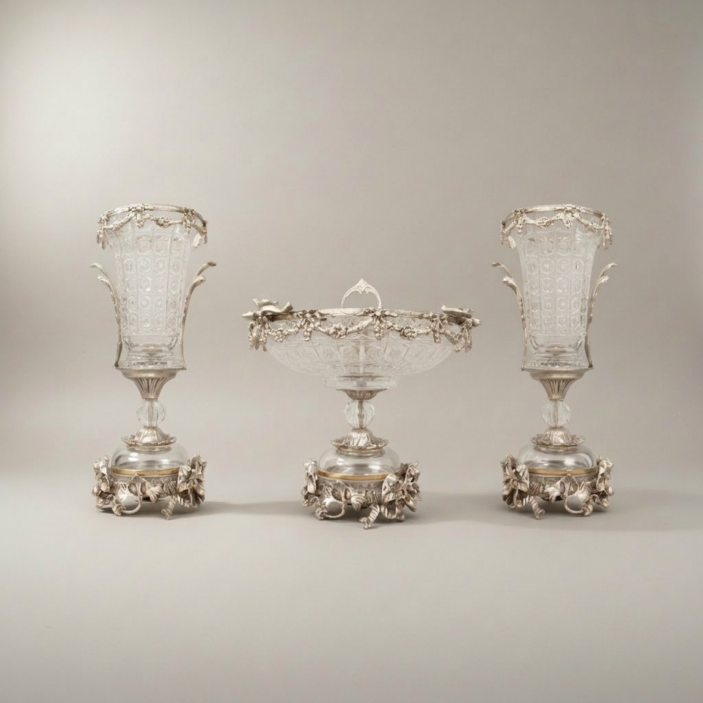Neoclassical Cut Crystal & Brass Garland Vase and Centerpiece 3-Piece Garniture Set — Silver