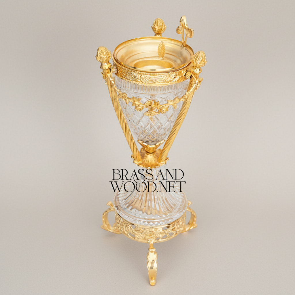 Neoclassical Diamond-Cut Crystal & Brass Incense Burner with Urn Form and Floral Swag Mounts