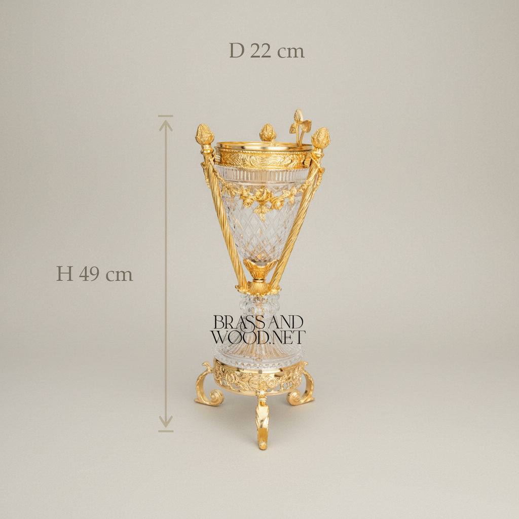 Neoclassical Diamond-Cut Crystal & Brass Incense Burner with Urn Form and Floral Swag Mounts