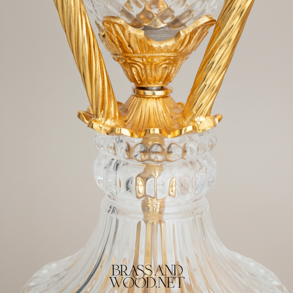 Neoclassical Diamond-Cut Crystal & Brass Incense Burner with Urn Form and Floral Swag Mounts — Gold