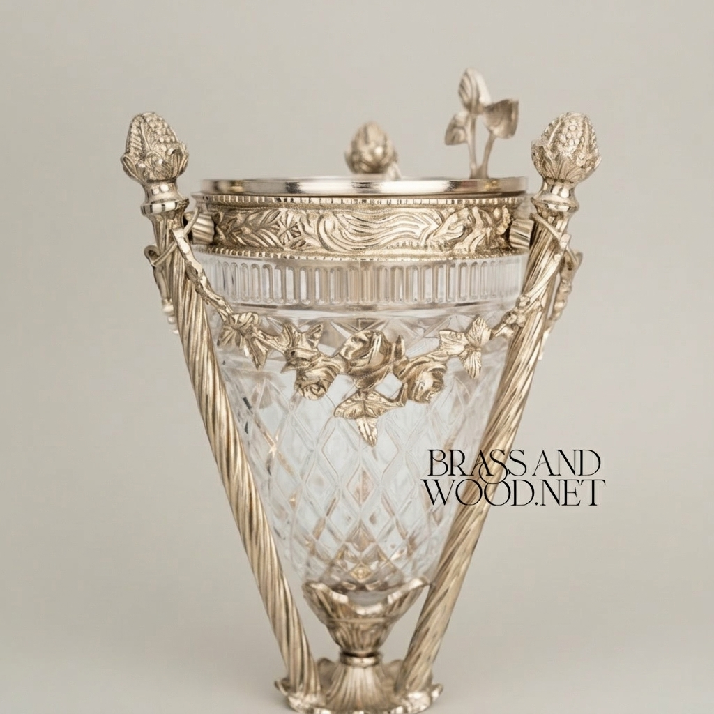 Neoclassical Diamond-Cut Crystal & Brass Incense Burner with Urn Form and Floral Swag Mounts — Silver