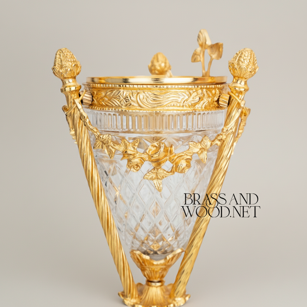 Neoclassical Diamond-Cut Crystal & Brass Incense Burner with Urn Form and Floral Swag Mounts — Gold