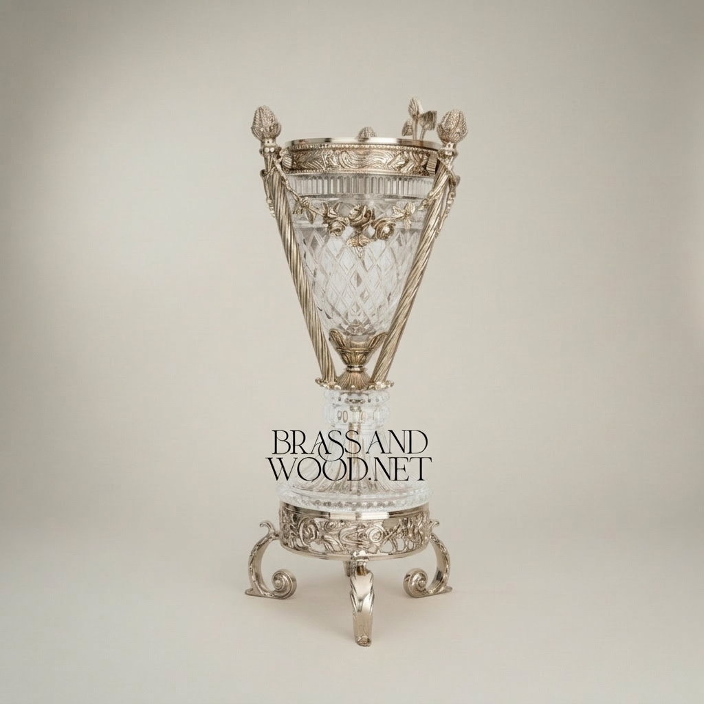Neoclassical Diamond-Cut Crystal & Brass Incense Burner with Urn Form and Floral Swag Mounts — Silver