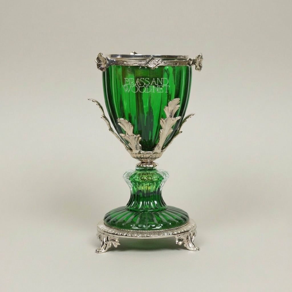 Neoclassical Emerald Crystal Censer with Ormolu Acanthus Mounts and Fluted Goblet Body