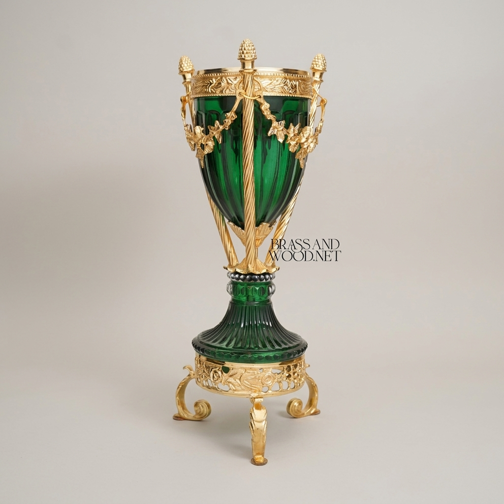 Neoclassical Emerald Glass & Brass Trophy Vase with Floral Swag Mounts — Gold