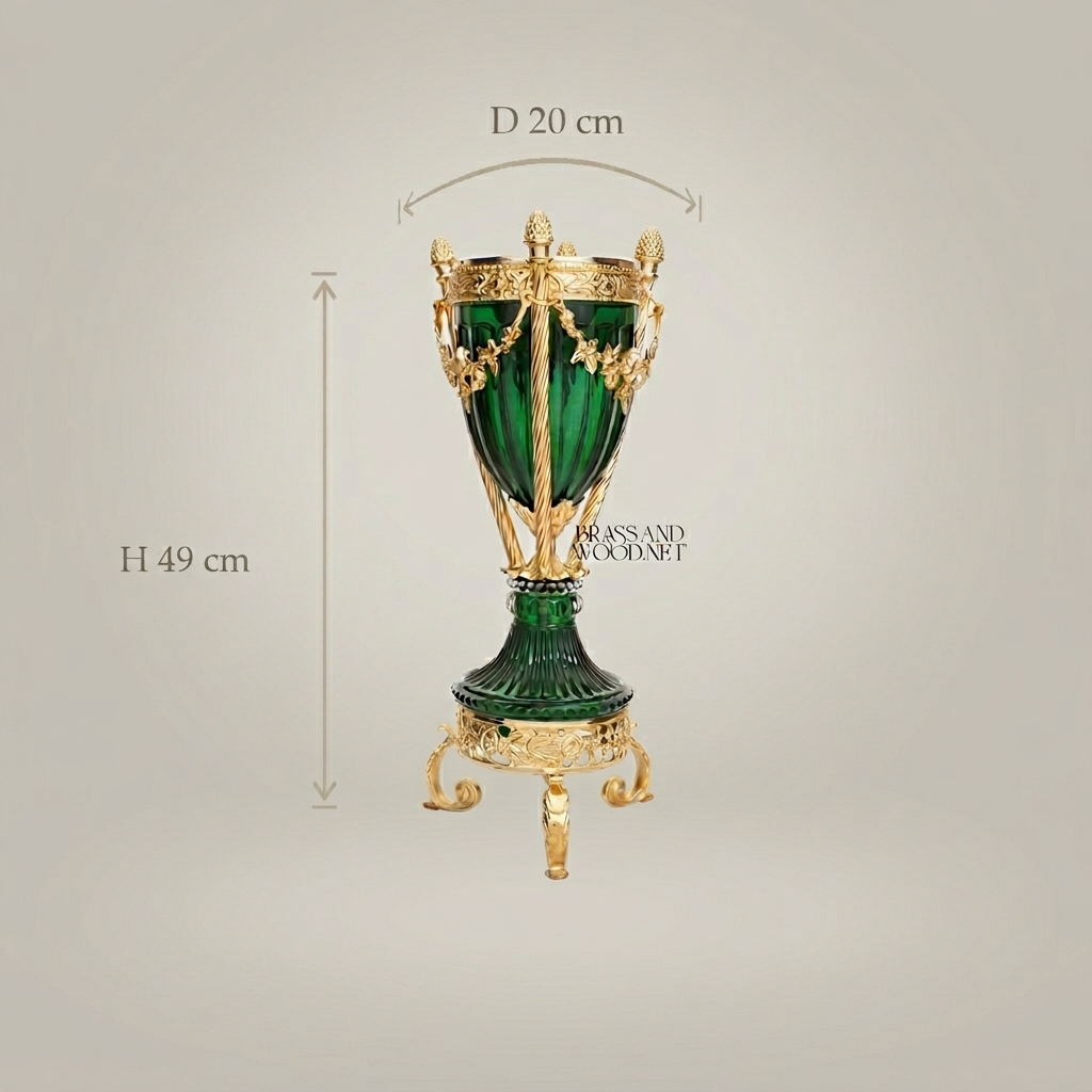 Neoclassical Emerald Glass & Brass Trophy Vase with Floral Swag Mounts