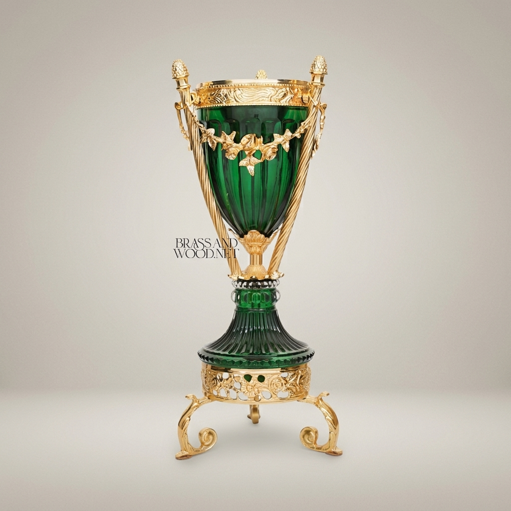 Neoclassical Emerald Glass & Brass Trophy Vase with Floral Swag Mounts