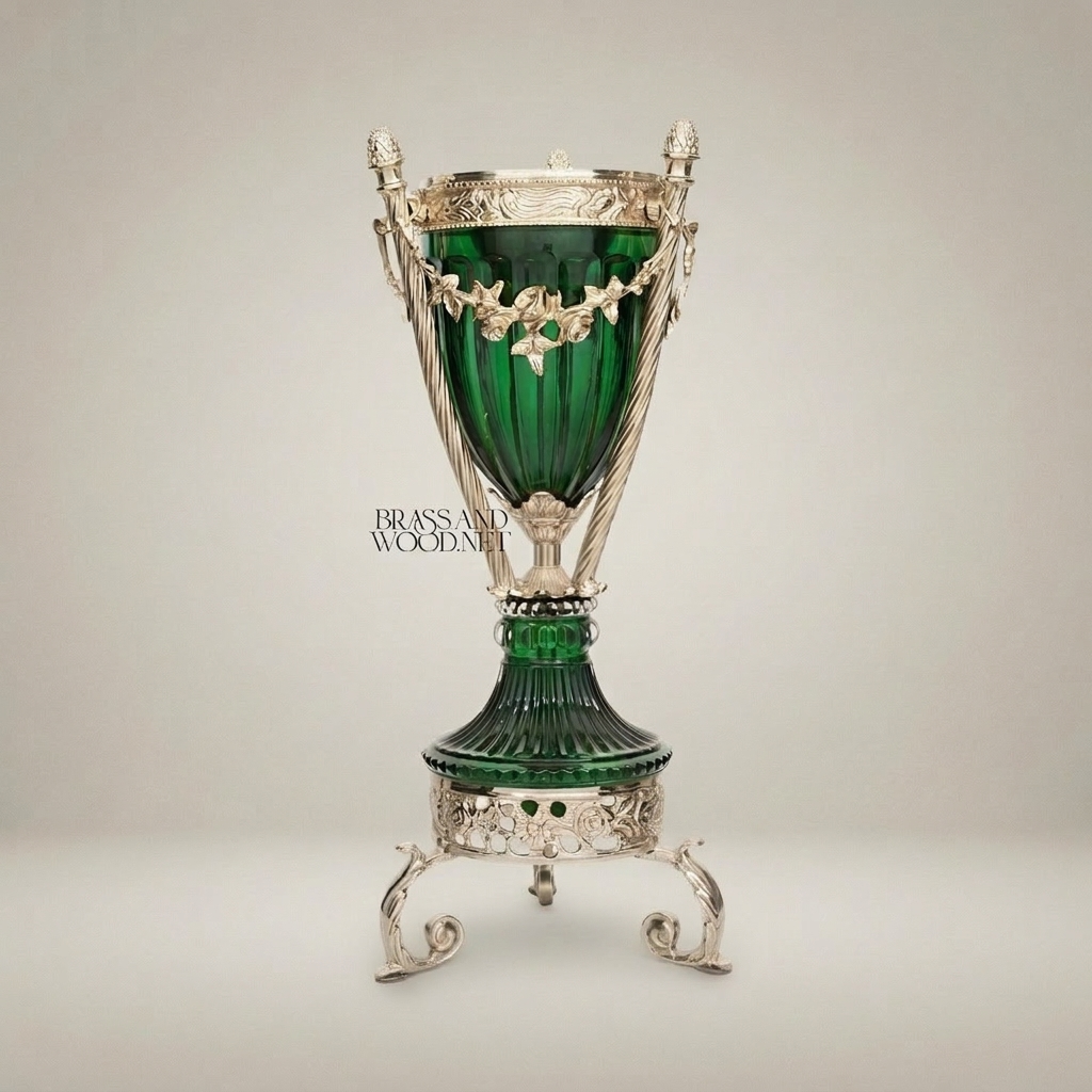 Neoclassical Emerald Glass & Brass Trophy Vase with Floral Swag Mounts — Silver