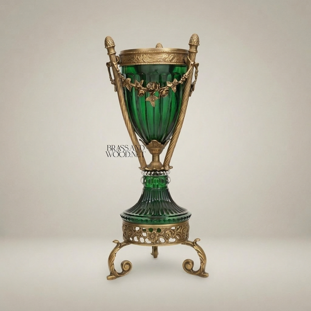 Neoclassical Emerald Glass & Brass Trophy Vase with Floral Swag Mounts — Antique Gold
